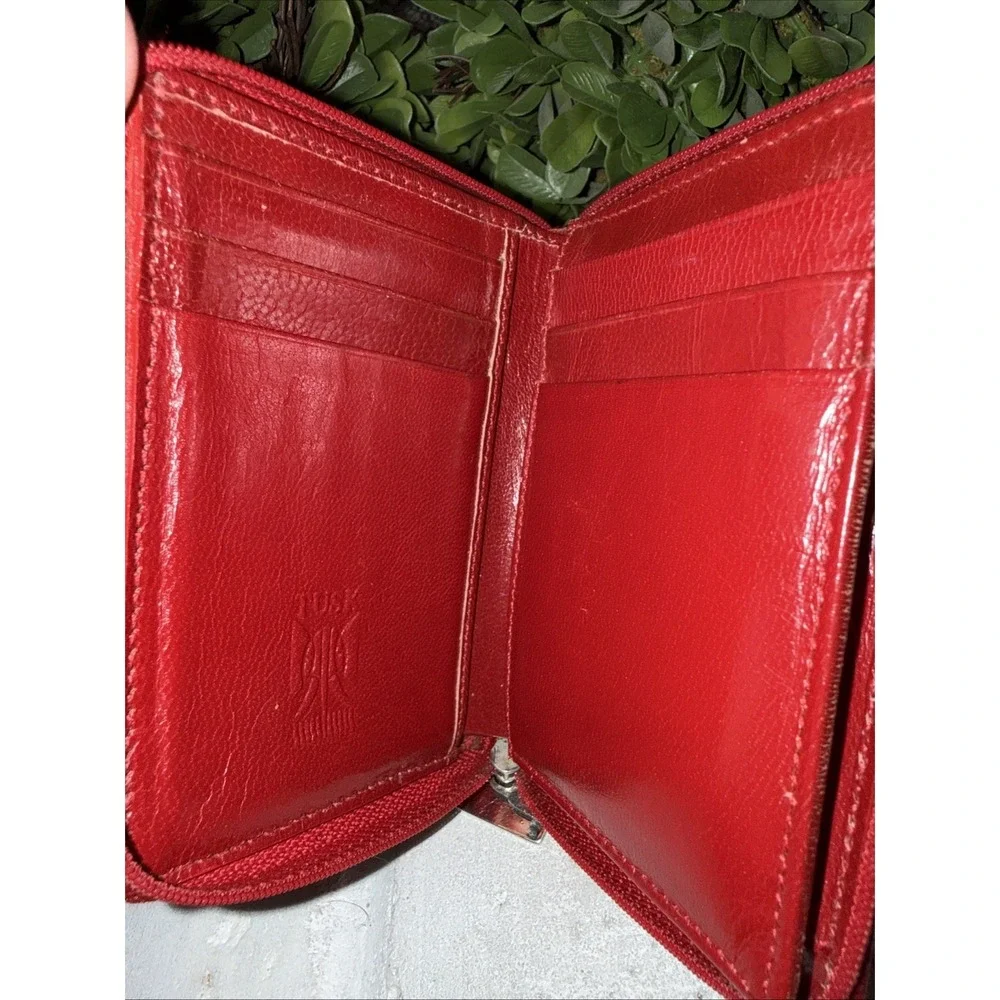 TUSK Red Leather Double Zip Around Wallet 4